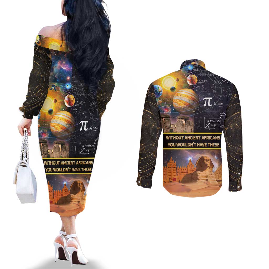 Ancient African Achievements Couples Matching Off The Shoulder Long Sleeve Dress and Long Sleeve Button Shirt Egyptian Pyramids Galaxy