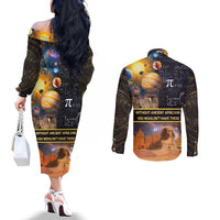 Ancient African Achievements Couples Matching Off The Shoulder Long Sleeve Dress and Long Sleeve Button Shirt Egyptian Pyramids Galaxy