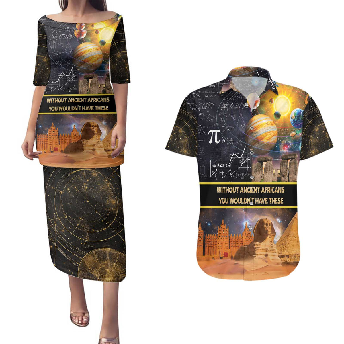 Ancient African Achievements Couples Matching Puletasi and Hawaiian Shirt Egyptian Pyramids Galaxy