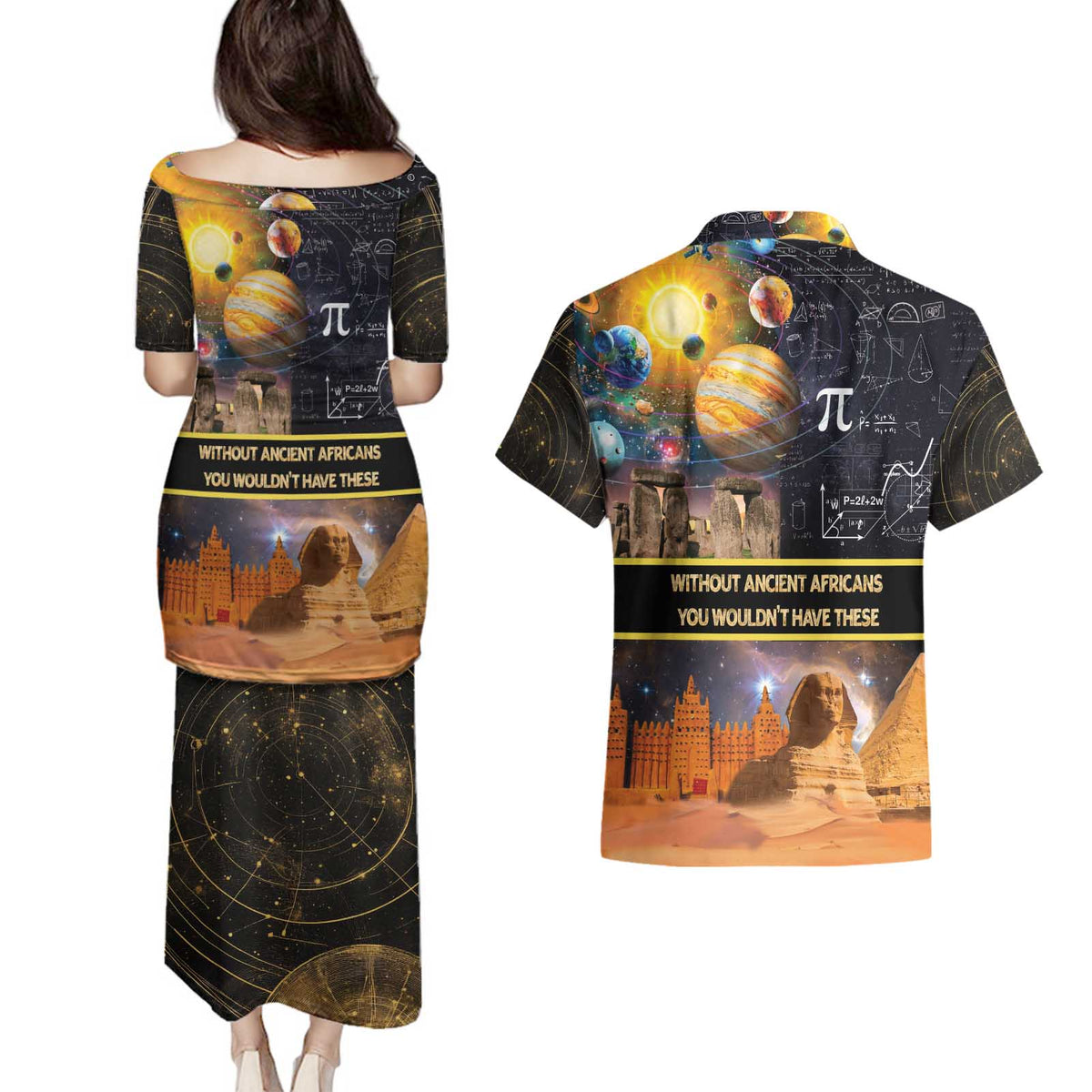 Ancient African Achievements Couples Matching Puletasi and Hawaiian Shirt Egyptian Pyramids Galaxy
