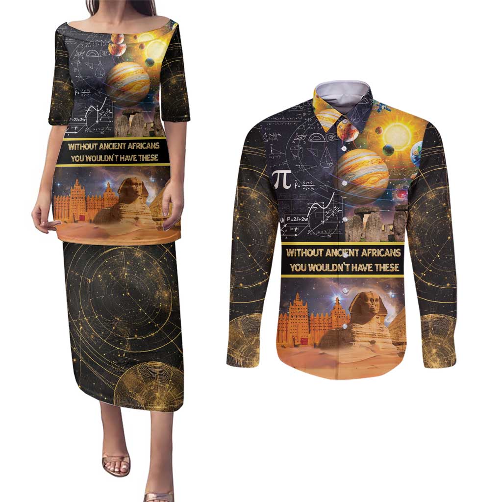Ancient African Achievements Couples Matching Puletasi and Long Sleeve Button Shirt Egyptian Pyramids Galaxy