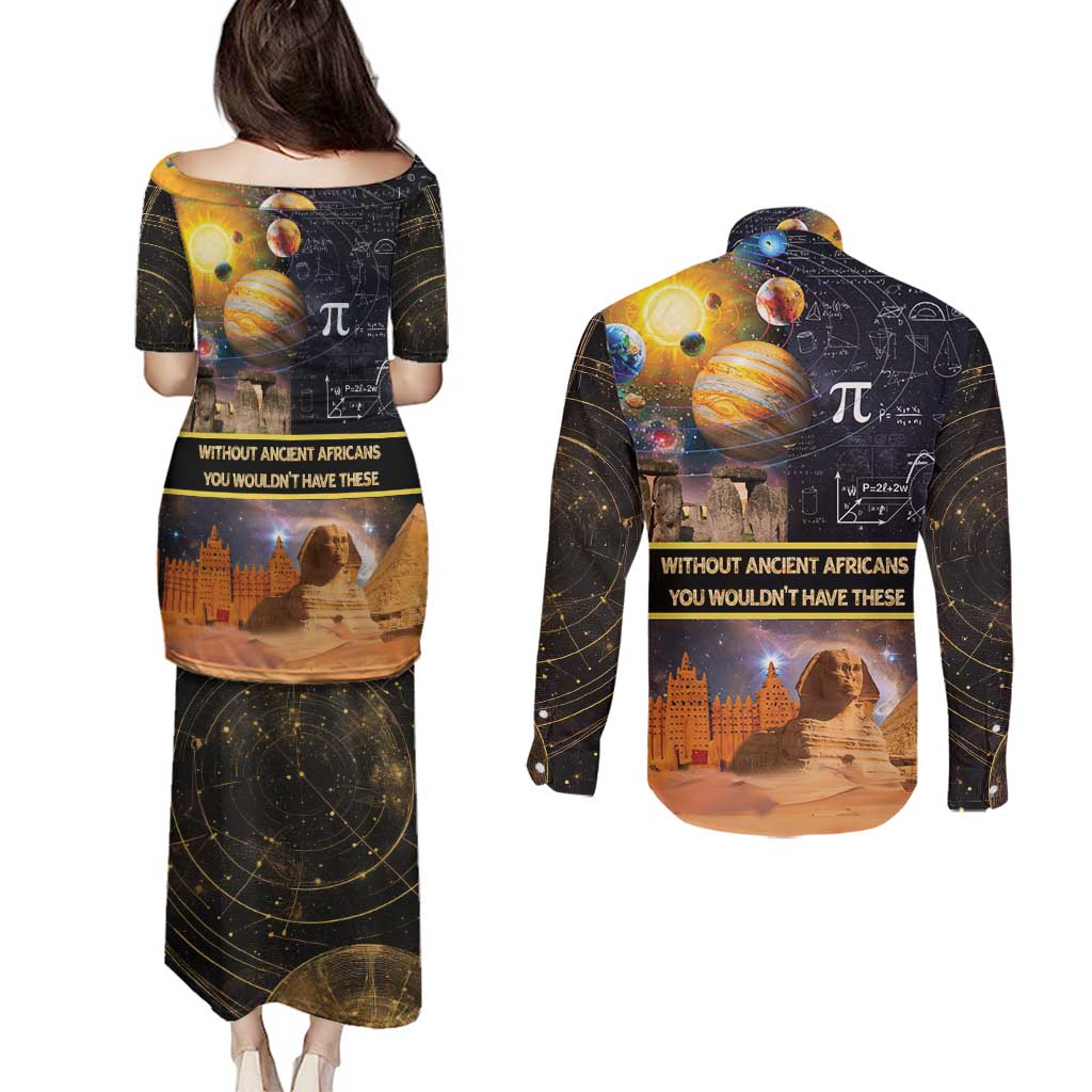 Ancient African Achievements Couples Matching Puletasi and Long Sleeve Button Shirt Egyptian Pyramids Galaxy