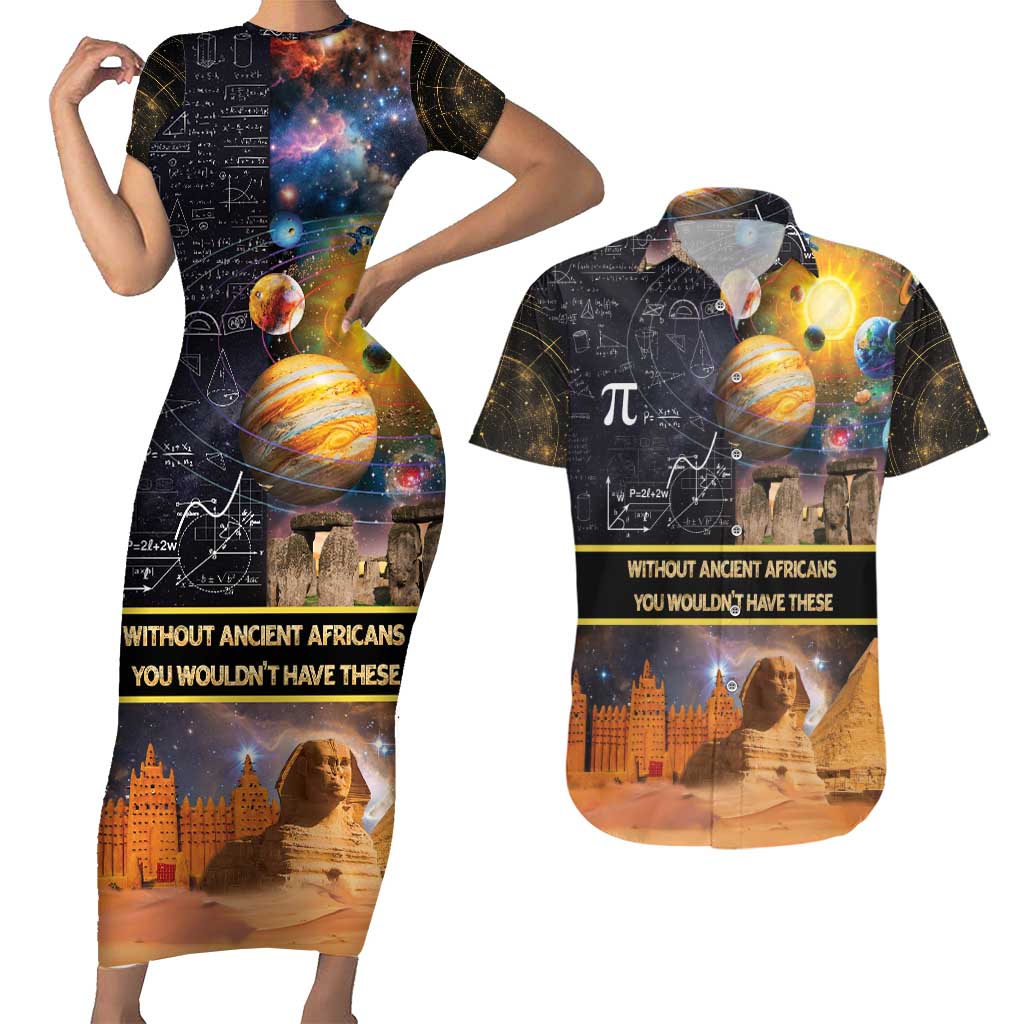 Ancient African Achievements Couples Matching Short Sleeve Bodycon Dress and Hawaiian Shirt Egyptian Pyramids Galaxy