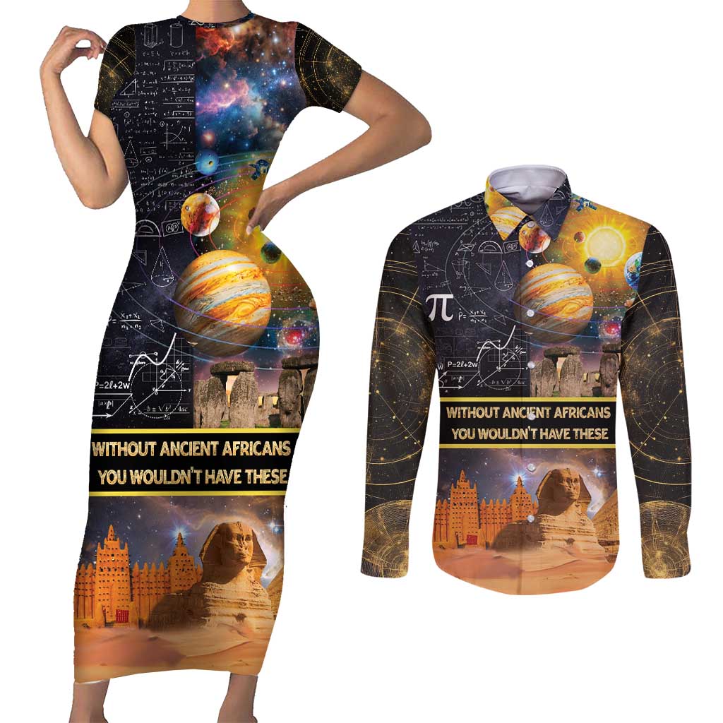 Ancient African Achievements Couples Matching Short Sleeve Bodycon Dress and Long Sleeve Button Shirt Egyptian Pyramids Galaxy