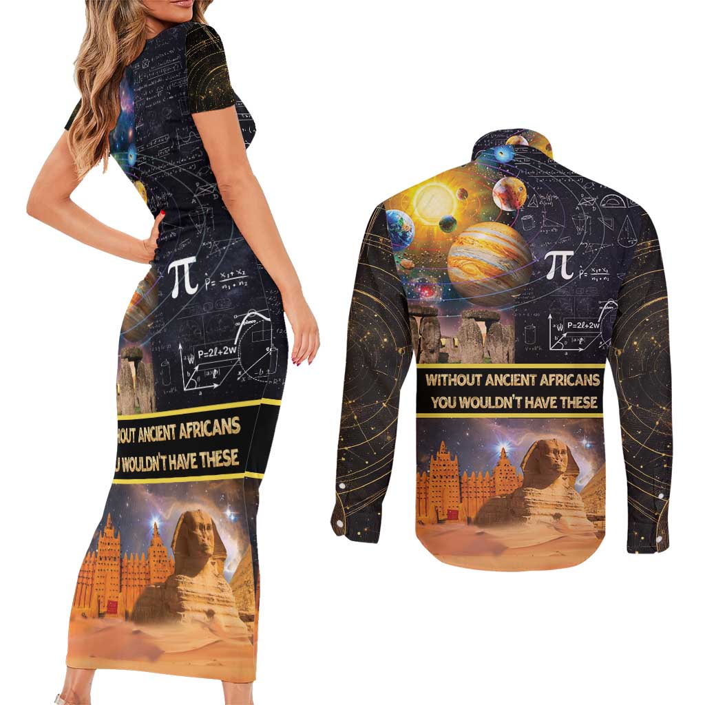 Ancient African Achievements Couples Matching Short Sleeve Bodycon Dress and Long Sleeve Button Shirt Egyptian Pyramids Galaxy