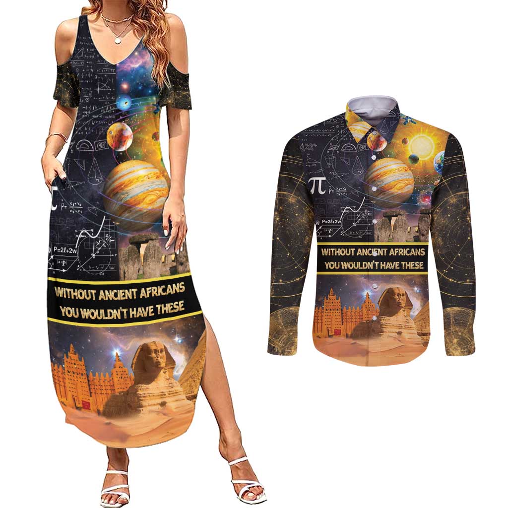 Ancient African Achievements Couples Matching Summer Maxi Dress and Long Sleeve Button Shirt Egyptian Pyramids Galaxy