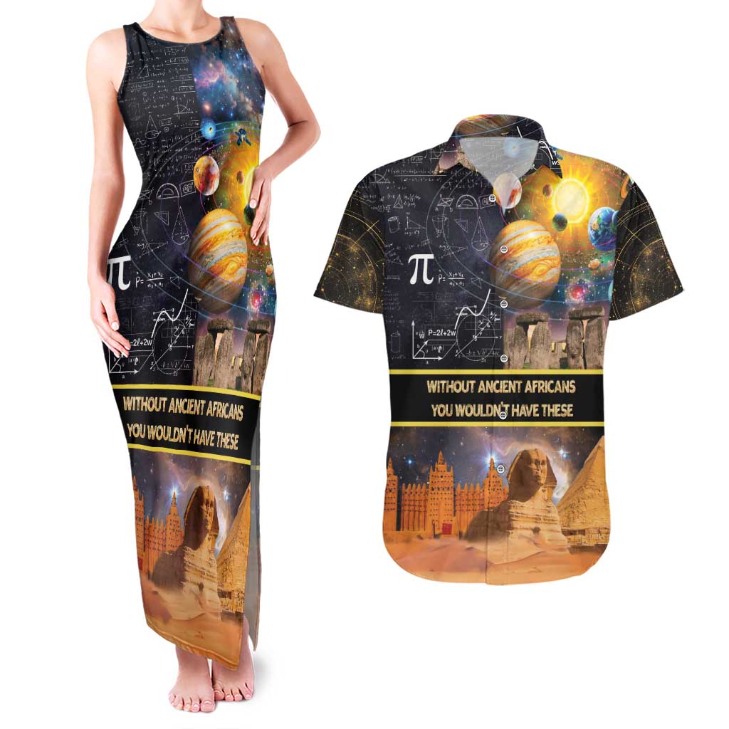 Ancient African Achievements Couples Matching Tank Maxi Dress and Hawaiian Shirt Egyptian Pyramids Galaxy