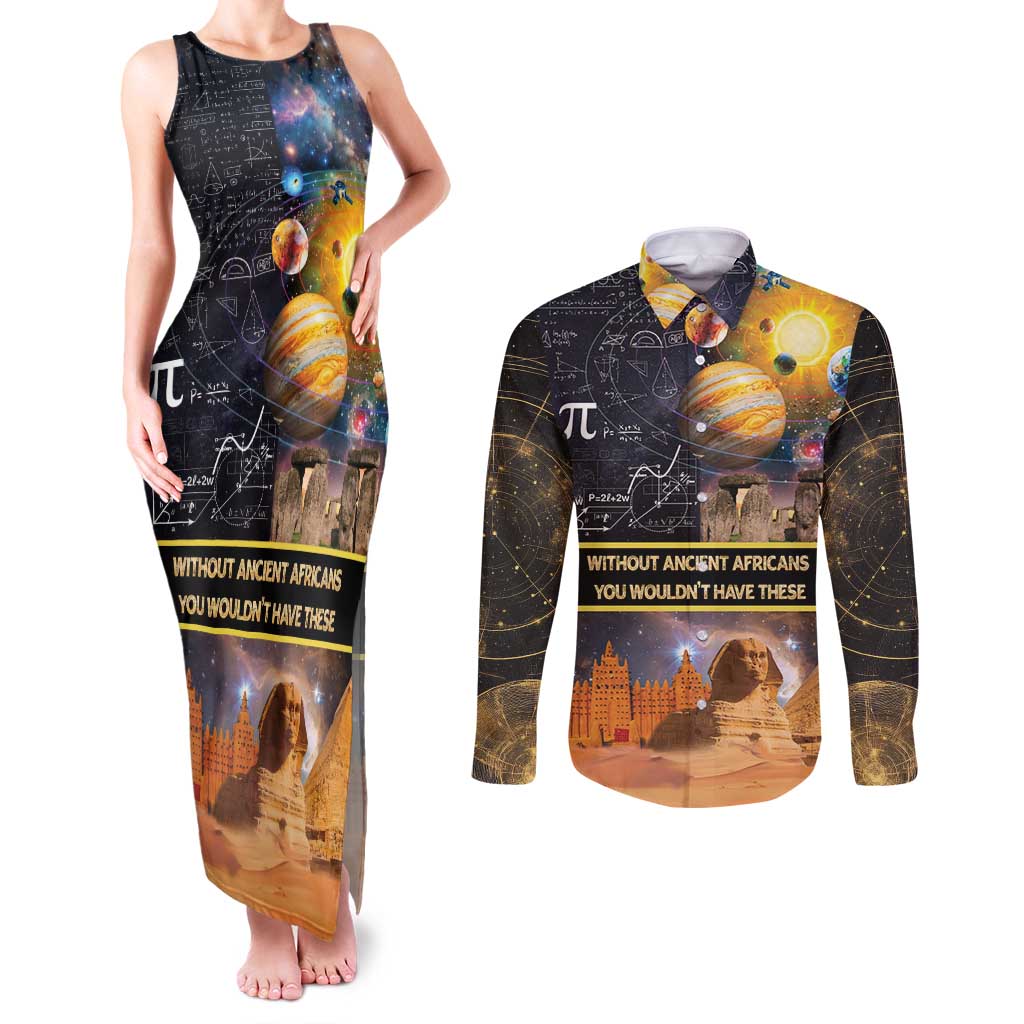 Ancient African Achievements Couples Matching Tank Maxi Dress and Long Sleeve Button Shirt Egyptian Pyramids Galaxy