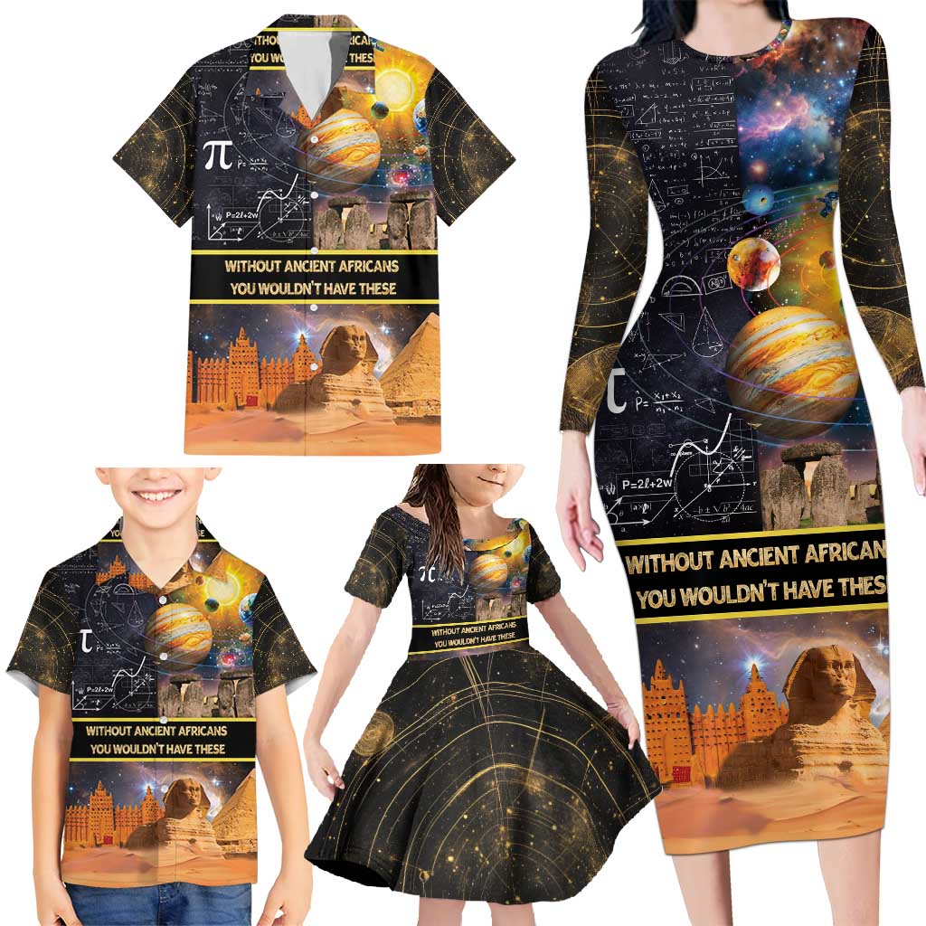 Ancient African Achievements Family Matching Long Sleeve Bodycon Dress and Hawaiian Shirt Egyptian Pyramids Galaxy