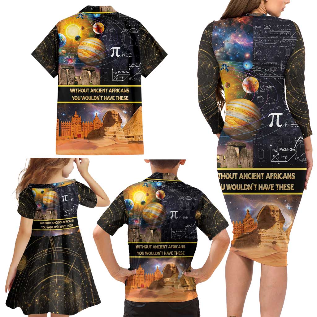 Ancient African Achievements Family Matching Long Sleeve Bodycon Dress and Hawaiian Shirt Egyptian Pyramids Galaxy