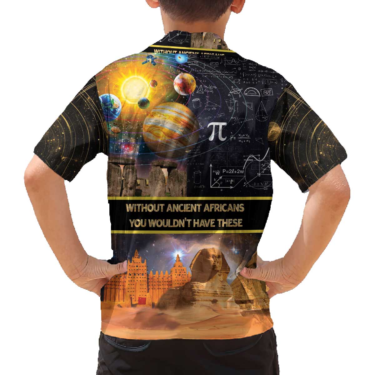 Ancient African Achievements Family Matching Off The Shoulder Long Sleeve Dress and Hawaiian Shirt Egyptian Pyramids Galaxy