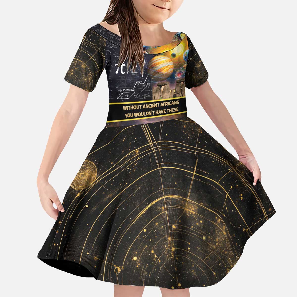Ancient African Achievements Family Matching Off The Shoulder Long Sleeve Dress and Hawaiian Shirt Egyptian Pyramids Galaxy