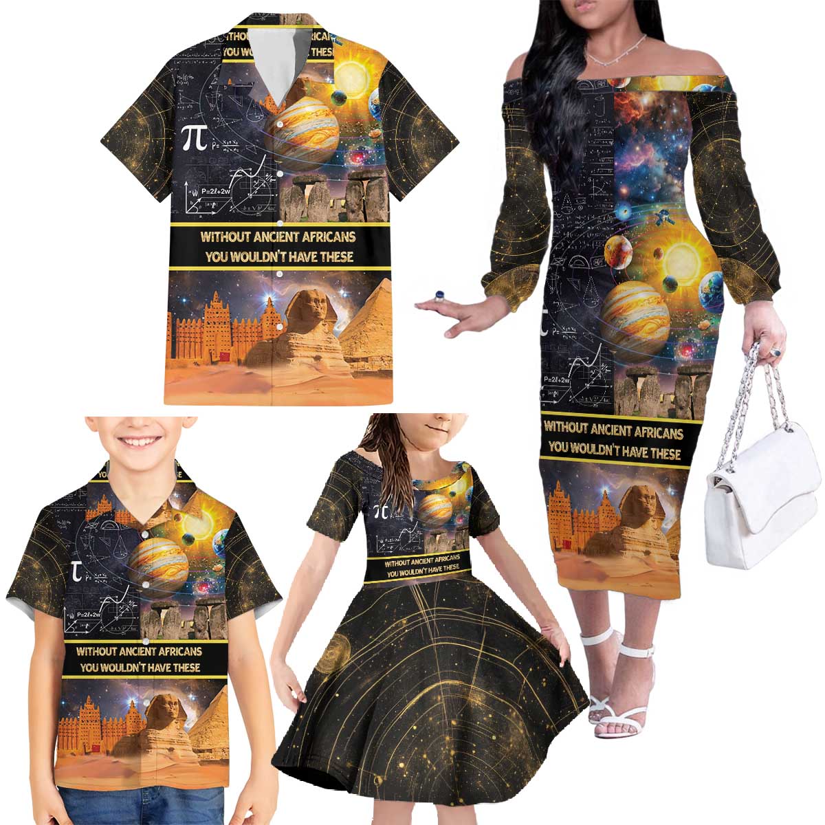 Ancient African Achievements Family Matching Off The Shoulder Long Sleeve Dress and Hawaiian Shirt Egyptian Pyramids Galaxy