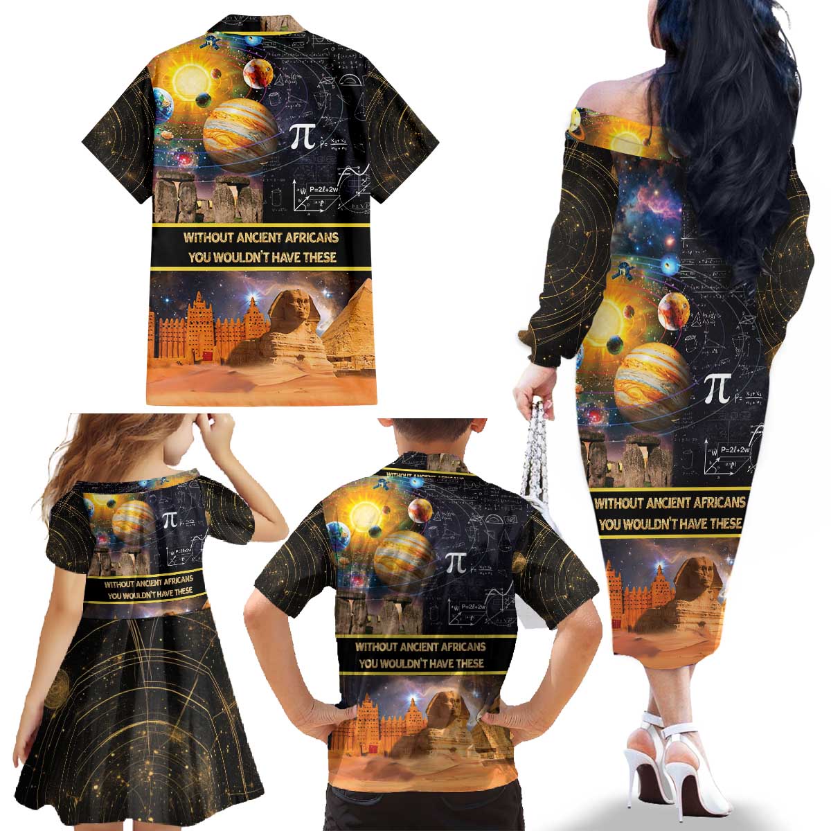 Ancient African Achievements Family Matching Off The Shoulder Long Sleeve Dress and Hawaiian Shirt Egyptian Pyramids Galaxy