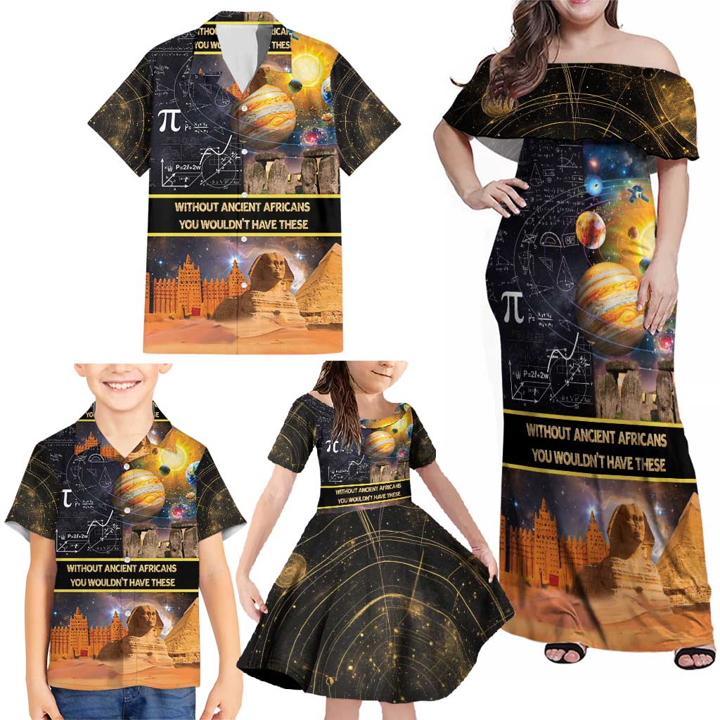 Ancient African Achievements Family Matching Off Shoulder Maxi Dress and Hawaiian Shirt Egyptian Pyramids Galaxy