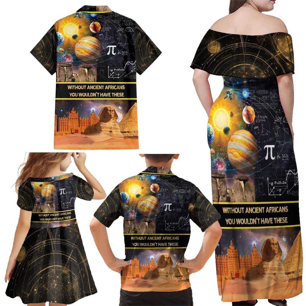 Ancient African Achievements Family Matching Off Shoulder Maxi Dress and Hawaiian Shirt Egyptian Pyramids Galaxy