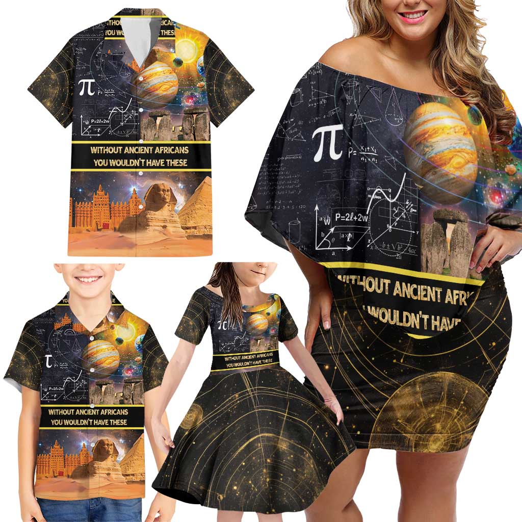 Ancient African Achievements Family Matching Off Shoulder Short Dress and Hawaiian Shirt Egyptian Pyramids Galaxy