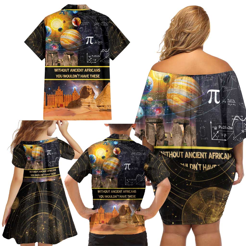 Ancient African Achievements Family Matching Off Shoulder Short Dress and Hawaiian Shirt Egyptian Pyramids Galaxy