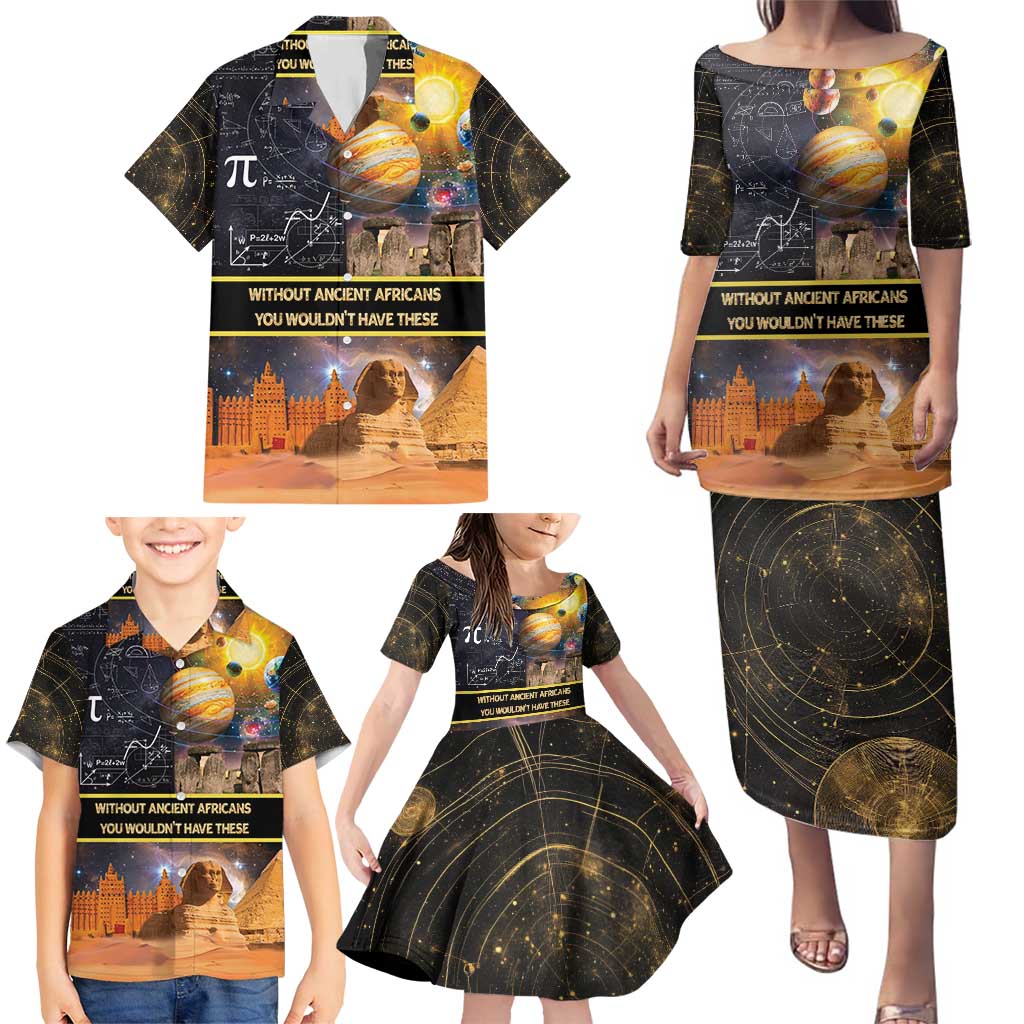 Ancient African Achievements Family Matching Puletasi and Hawaiian Shirt Egyptian Pyramids Galaxy