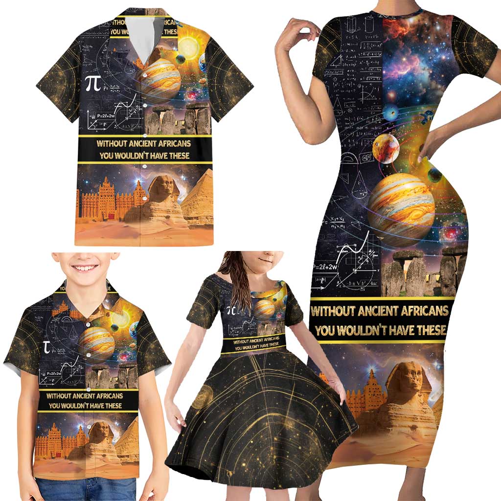 Ancient African Achievements Family Matching Short Sleeve Bodycon Dress and Hawaiian Shirt Egyptian Pyramids Galaxy