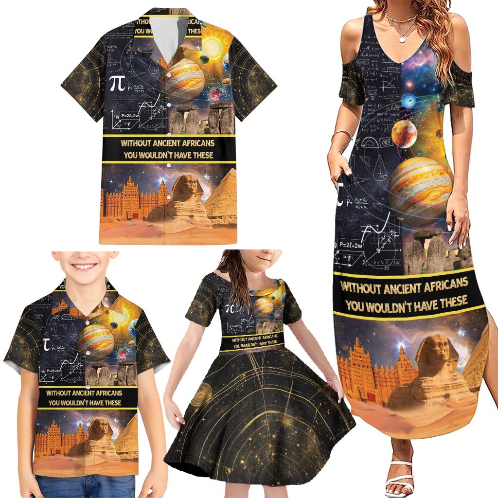 Ancient African Achievements Family Matching Summer Maxi Dress and Hawaiian Shirt Egyptian Pyramids Galaxy