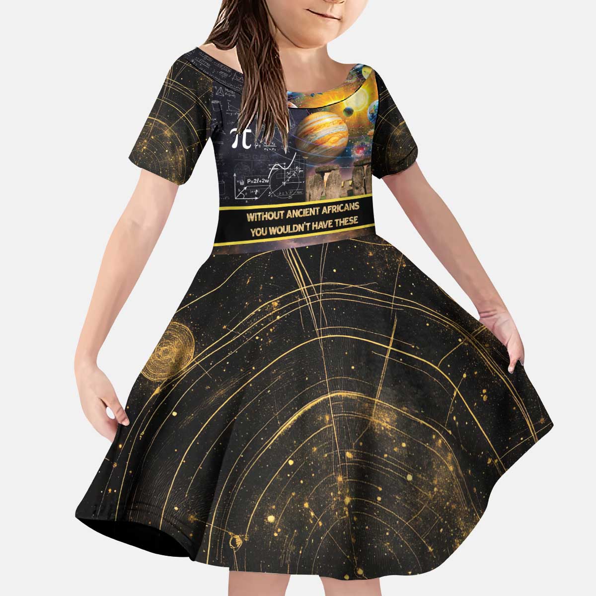 Ancient African Achievements Kid Short Sleeve Dress Egyptian Pyramids Galaxy