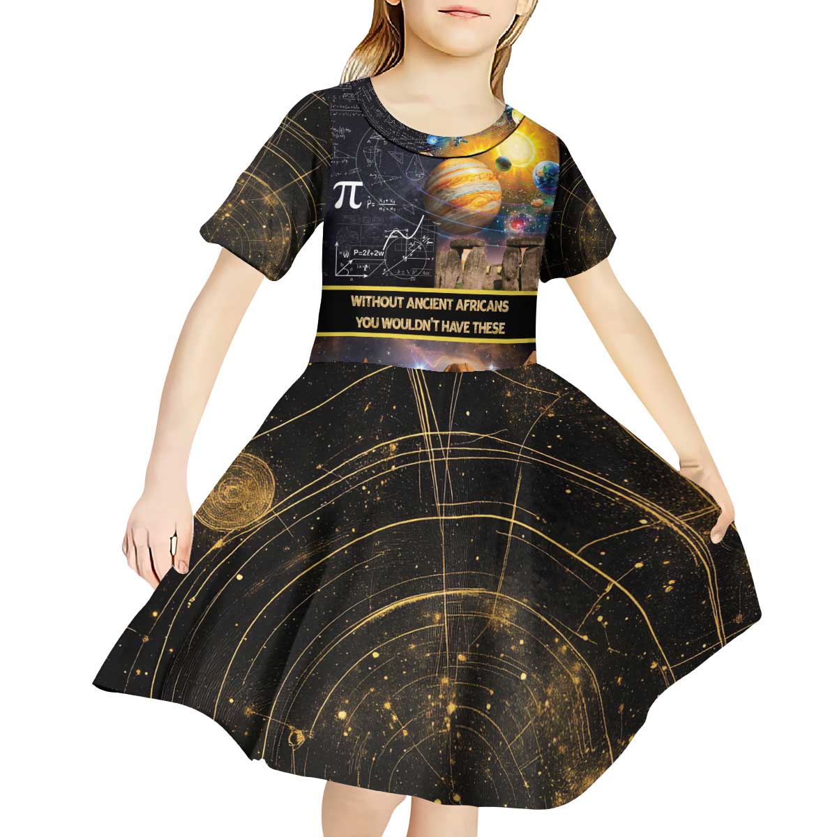 Ancient African Achievements Kid Short Sleeve Dress Egyptian Pyramids Galaxy