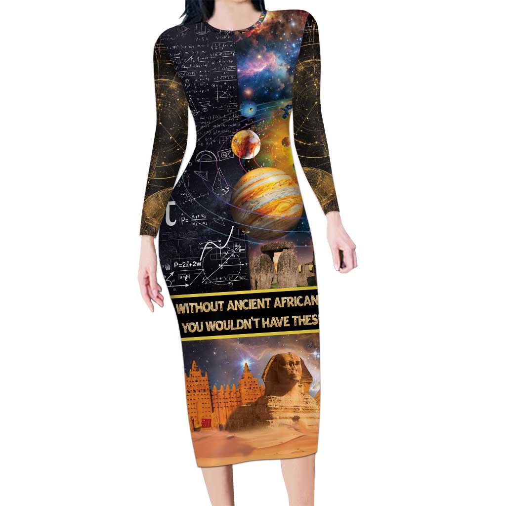 Ancient African Achievements Long Sleeve Bodycon Dress Egyptian Pyramids Galaxy