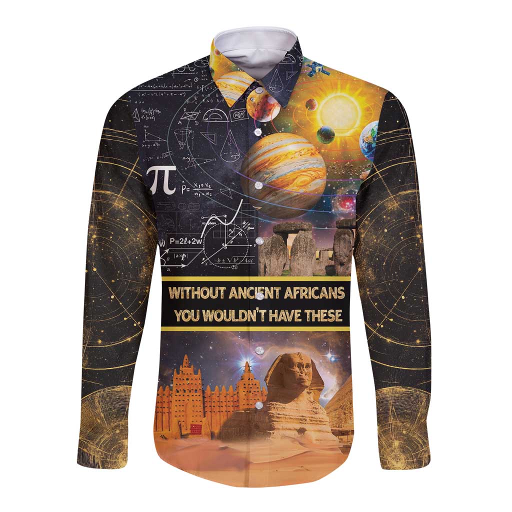 Ancient African Achievements Long Sleeve Button Shirt Egyptian Pyramids Galaxy