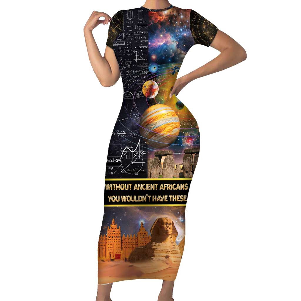 Ancient African Achievements Short Sleeve Bodycon Dress Egyptian Pyramids Galaxy