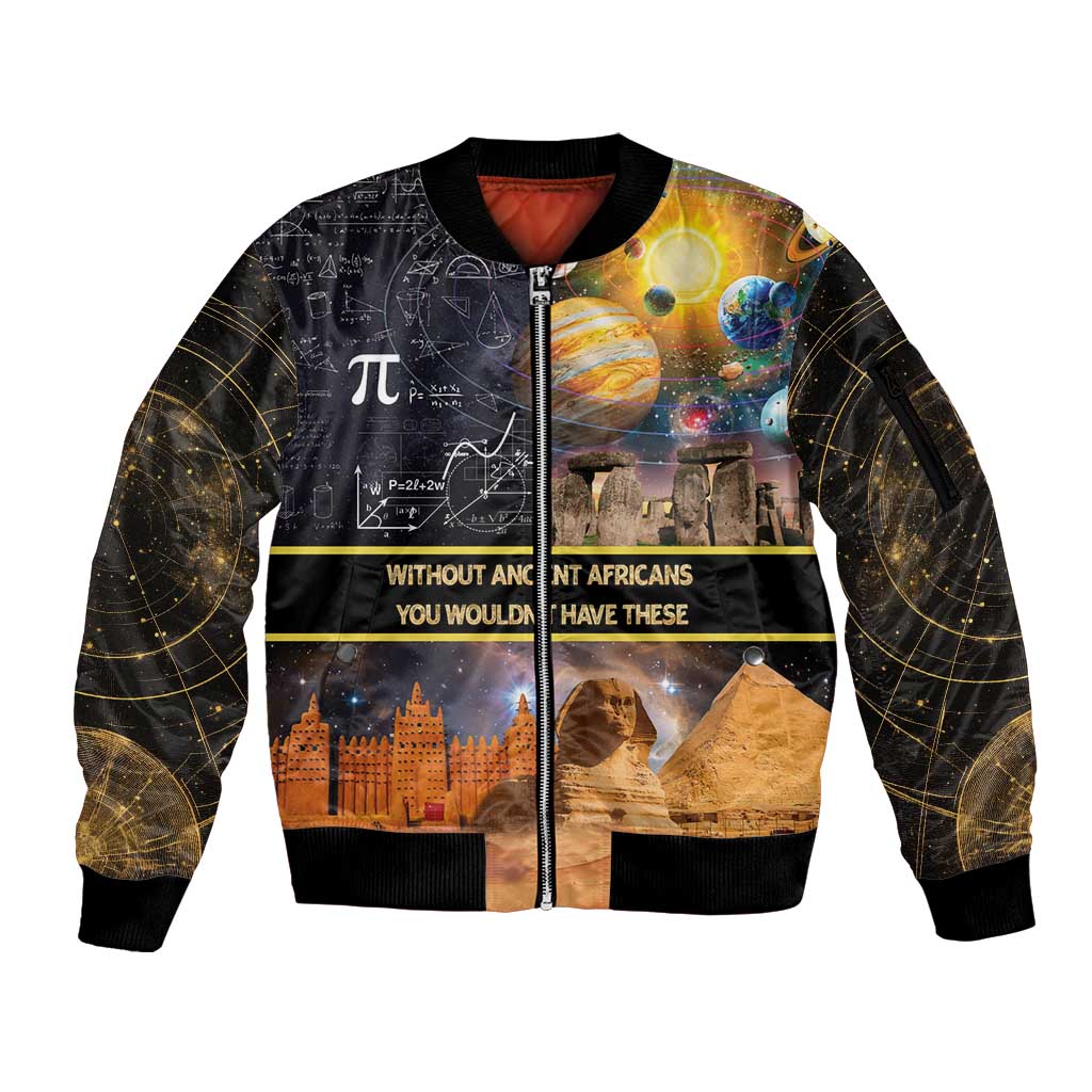 Ancient African Achievements Sleeve Zip Bomber Jacket Egyptian Pyramids Galaxy
