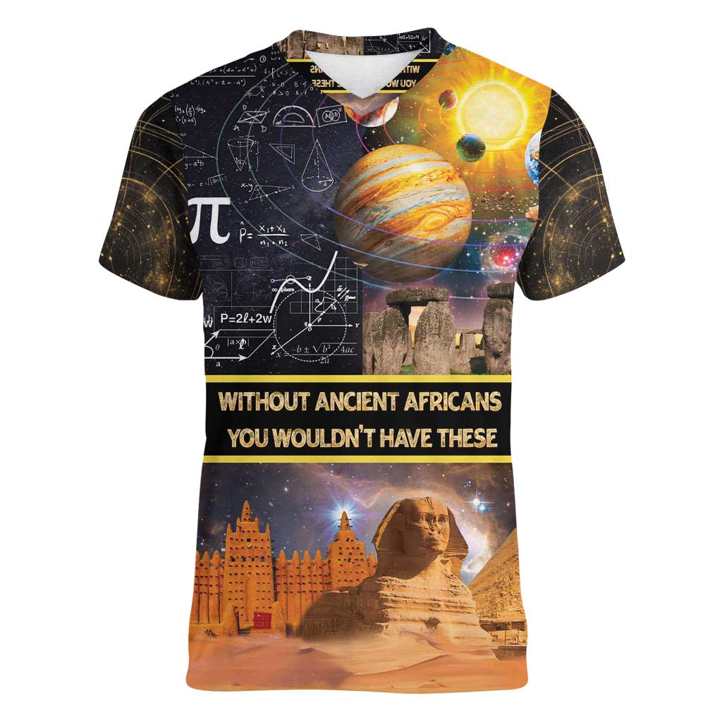 Ancient African Achievements Women V-Neck T-Shirt Egyptian Pyramids Galaxy