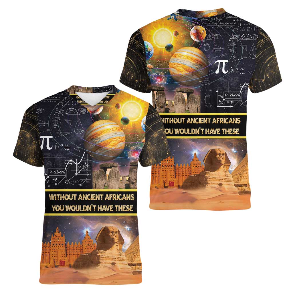 Ancient African Achievements Women V-Neck T-Shirt Egyptian Pyramids Galaxy