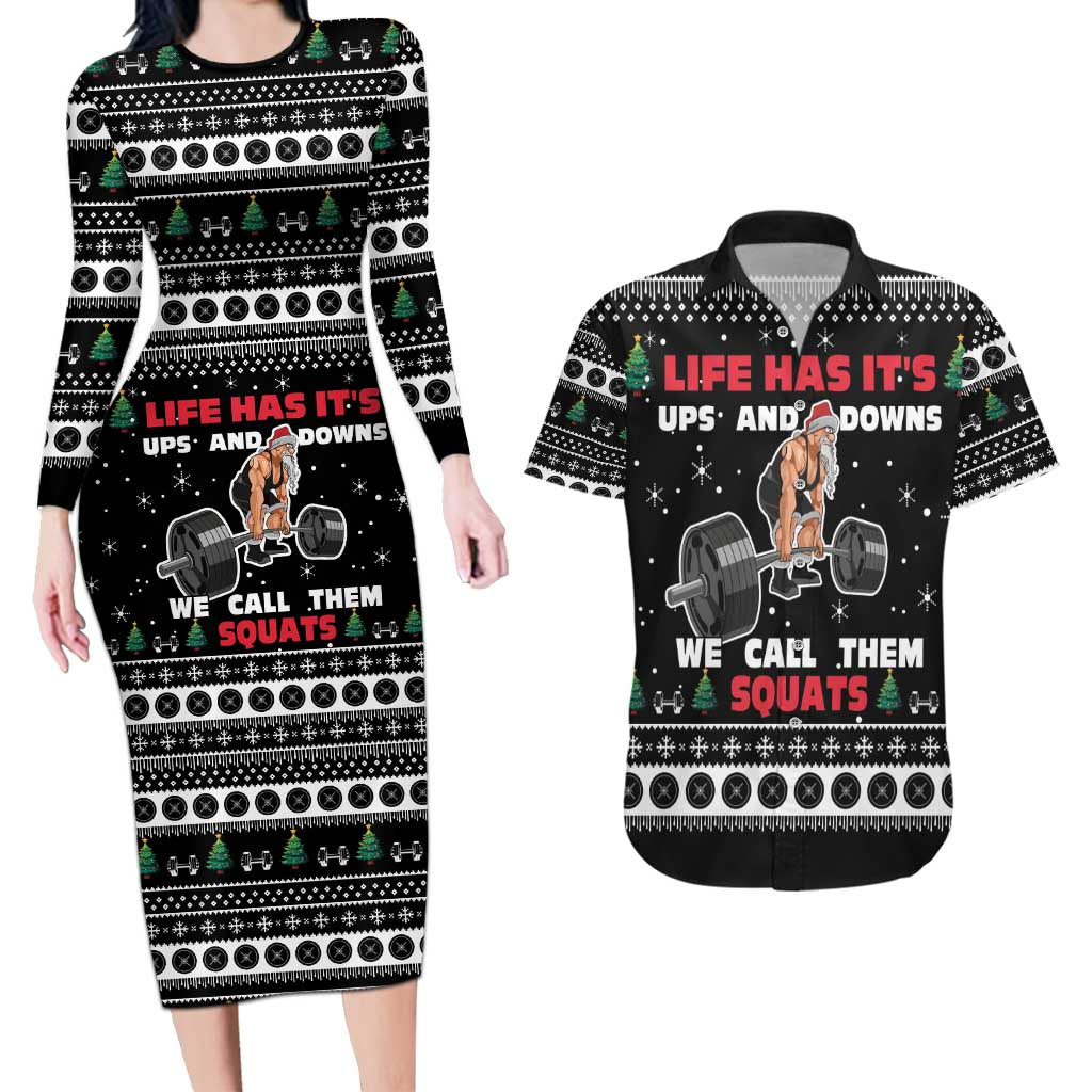 Santa Claus Love Gym Couples Matching Long Sleeve Bodycon Dress and Hawaiian Shirt Christmas Santa Does Weightlifting DT04 - Wonder Print Shop