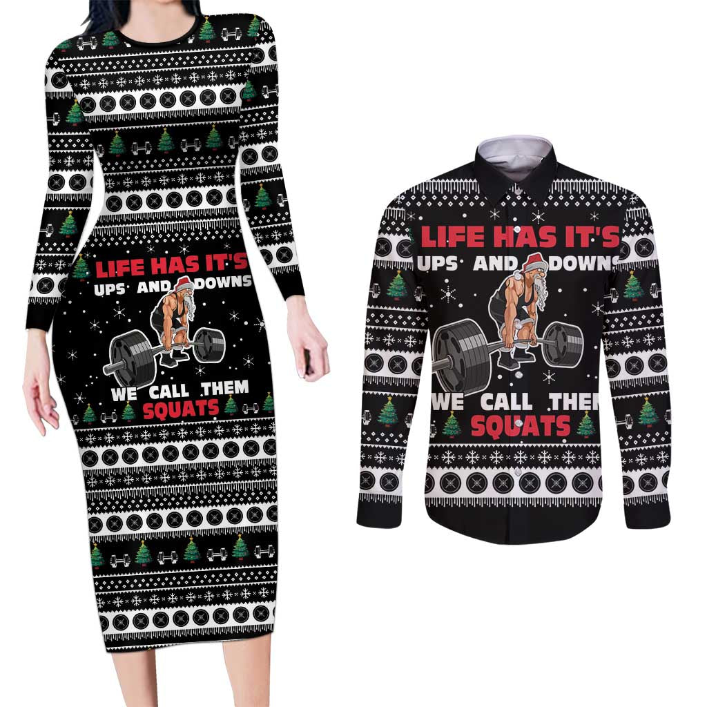 Santa Claus Love Gym Couples Matching Long Sleeve Bodycon Dress and Long Sleeve Button Shirt Christmas Santa Does Weightlifting DT04 - Wonder Print Shop