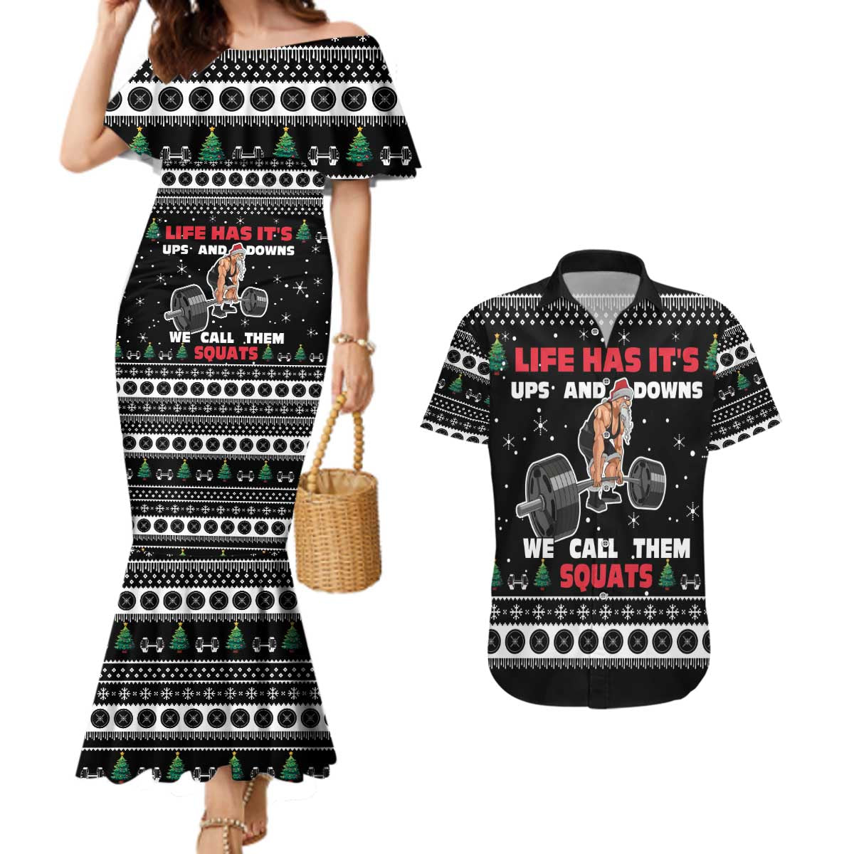 Santa Claus Love Gym Couples Matching Mermaid Dress and Hawaiian Shirt Christmas Santa Does Weightlifting DT04 - Wonder Print Shop