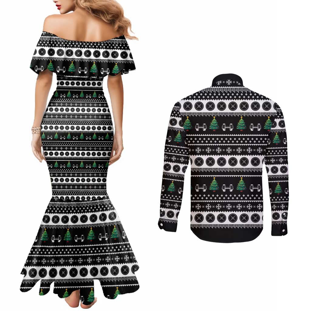 Santa Claus Love Gym Couples Matching Mermaid Dress and Long Sleeve Button Shirt Christmas Santa Does Weightlifting