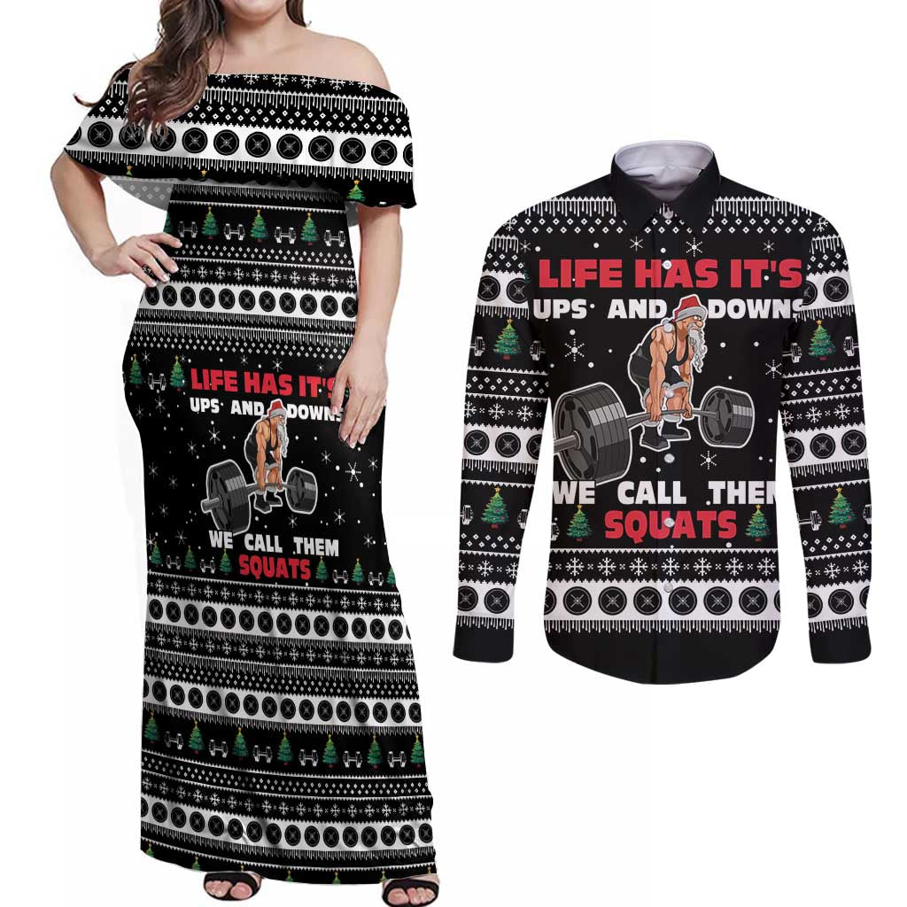 Santa Claus Love Gym Couples Matching Off Shoulder Maxi Dress and Long Sleeve Button Shirt Christmas Santa Does Weightlifting DT04 - Wonder Print Shop