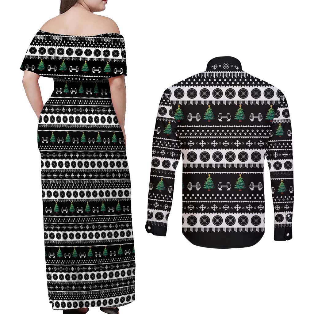 Santa Claus Love Gym Couples Matching Off Shoulder Maxi Dress and Long Sleeve Button Shirt Christmas Santa Does Weightlifting DT04 - Wonder Print Shop