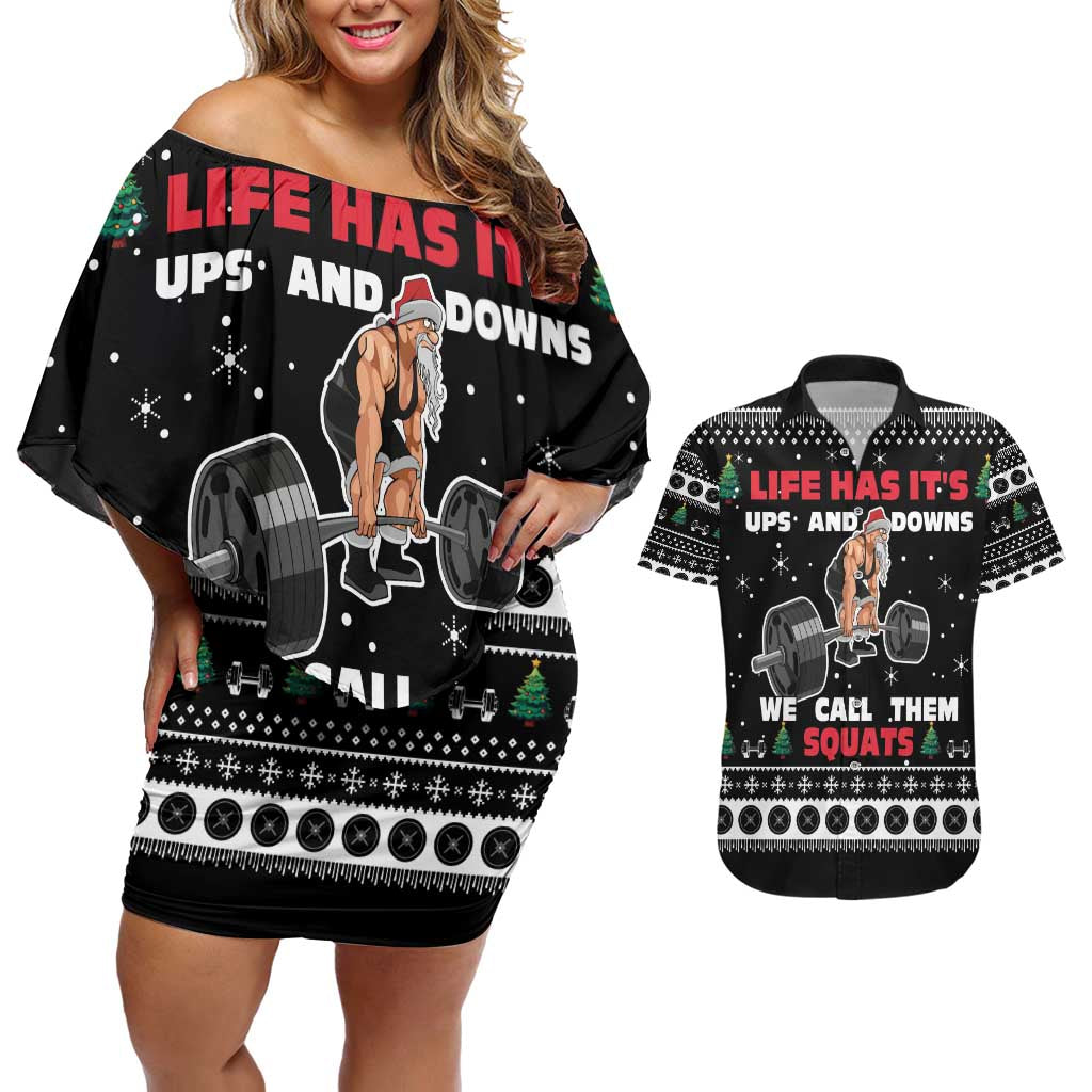 Santa Claus Love Gym Couples Matching Off Shoulder Short Dress and Hawaiian Shirt Christmas Santa Does Weightlifting DT04 - Wonder Print Shop