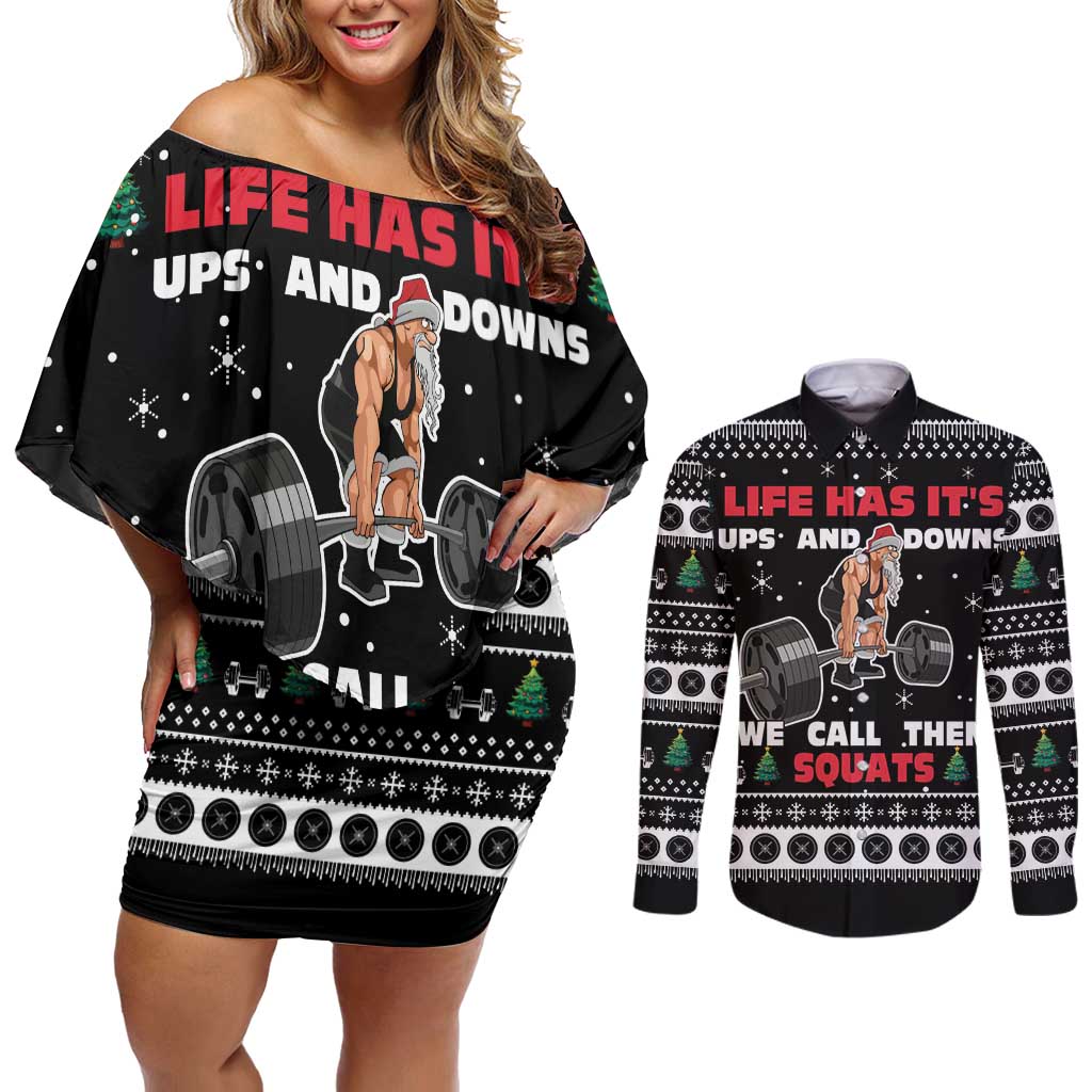 Santa Claus Love Gym Couples Matching Off Shoulder Short Dress and Long Sleeve Button Shirt Christmas Santa Does Weightlifting DT04 - Wonder Print Shop
