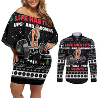 Santa Claus Love Gym Couples Matching Off Shoulder Short Dress and Long Sleeve Button Shirt Christmas Santa Does Weightlifting DT04 - Wonder Print Shop