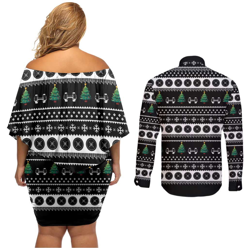 Santa Claus Love Gym Couples Matching Off Shoulder Short Dress and Long Sleeve Button Shirt Christmas Santa Does Weightlifting DT04 - Wonder Print Shop