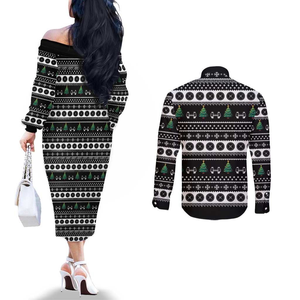 Santa Claus Love Gym Couples Matching Off The Shoulder Long Sleeve Dress and Long Sleeve Button Shirt Christmas Santa Does Weightlifting