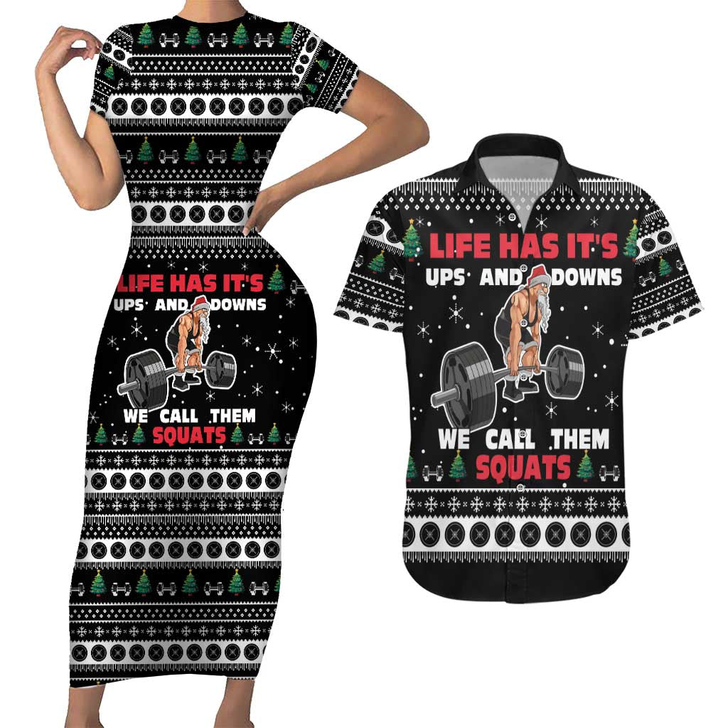 Santa Claus Love Gym Couples Matching Short Sleeve Bodycon Dress and Hawaiian Shirt Christmas Santa Does Weightlifting DT04 - Wonder Print Shop
