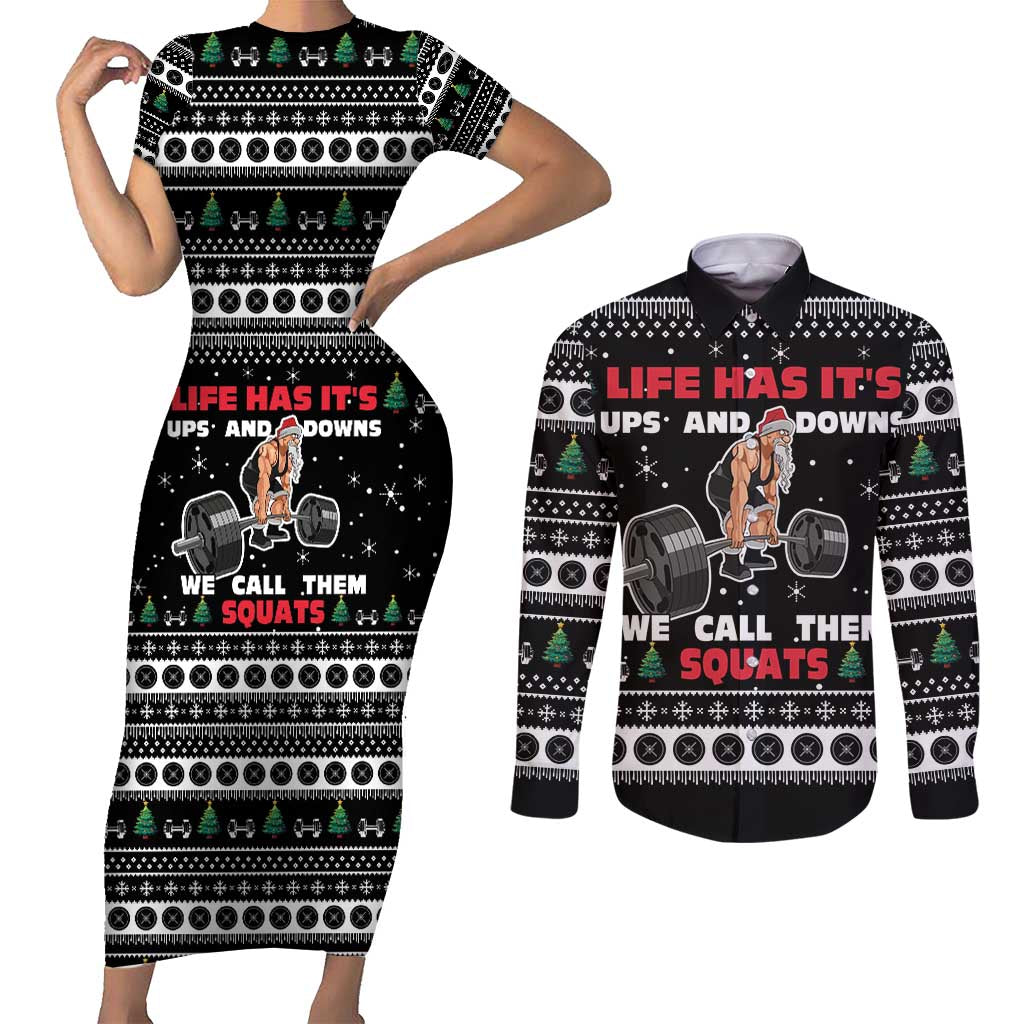 Santa Claus Love Gym Couples Matching Short Sleeve Bodycon Dress and Long Sleeve Button Shirt Christmas Santa Does Weightlifting DT04 - Wonder Print Shop