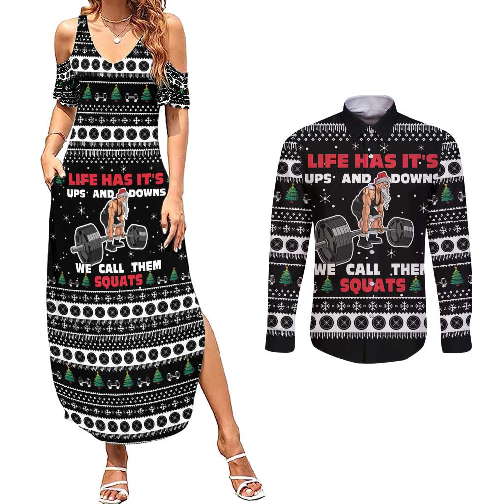 Santa Claus Love Gym Couples Matching Summer Maxi Dress and Long Sleeve Button Shirt Christmas Santa Does Weightlifting DT04 - Wonder Print Shop