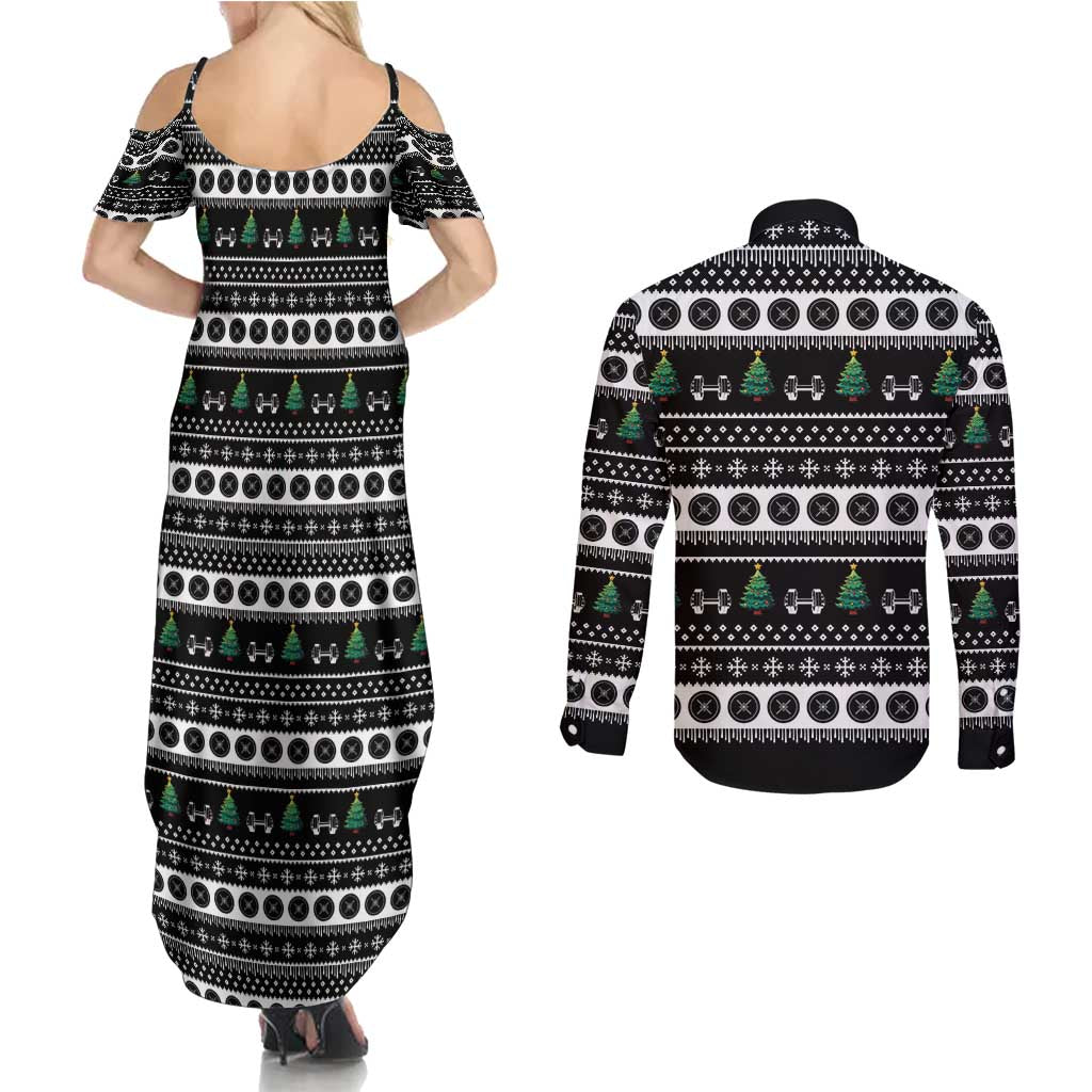 Santa Claus Love Gym Couples Matching Summer Maxi Dress and Long Sleeve Button Shirt Christmas Santa Does Weightlifting DT04 - Wonder Print Shop