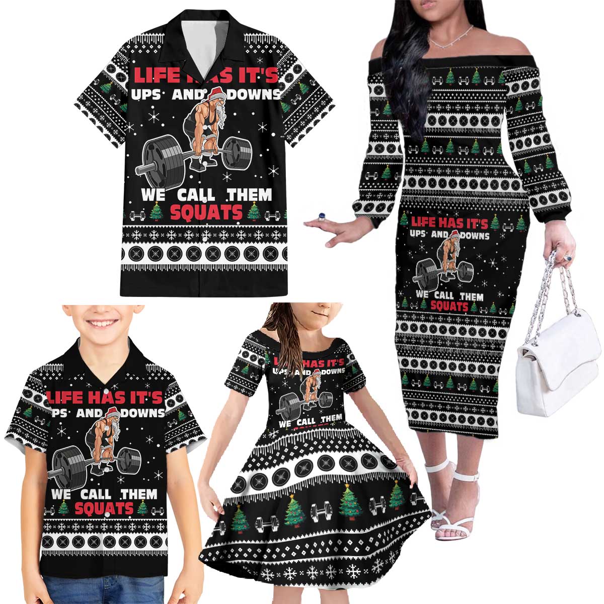 Santa Claus Love Gym Family Matching Off The Shoulder Long Sleeve Dress and Hawaiian Shirt Christmas Santa Does Weightlifting DT04 - Wonder Print Shop