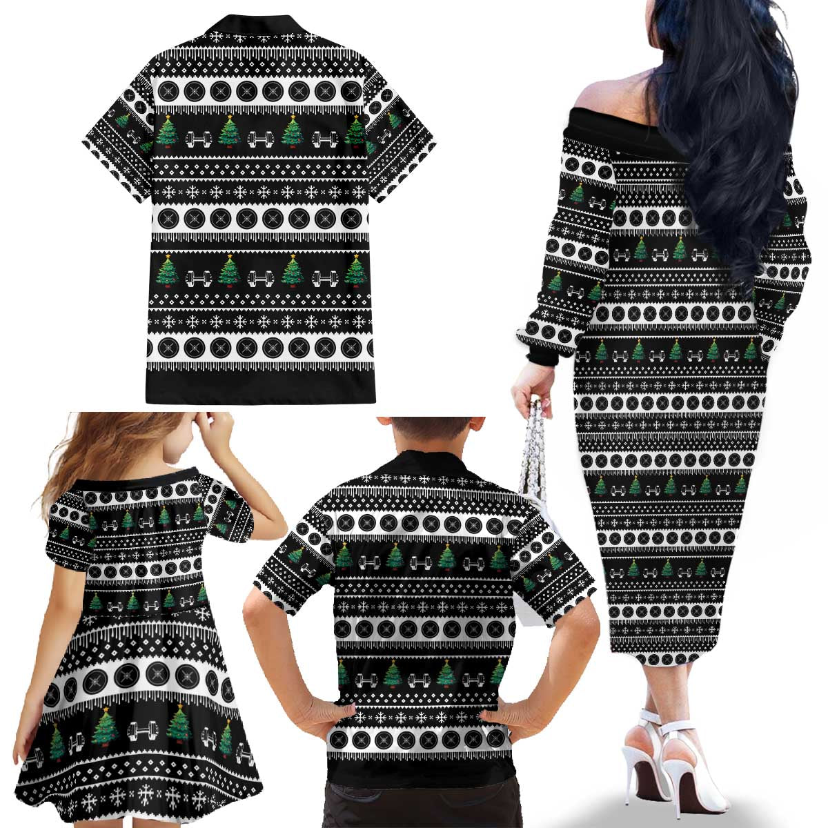 Santa Claus Love Gym Family Matching Off The Shoulder Long Sleeve Dress and Hawaiian Shirt Christmas Santa Does Weightlifting DT04 - Wonder Print Shop